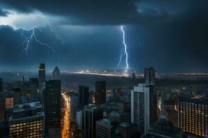 lightning strikes over new york city skyline. AI-Generated photo