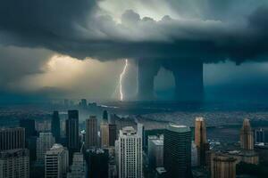 un tormenta es visto terminado un ciudad con alto edificios generado por ai foto