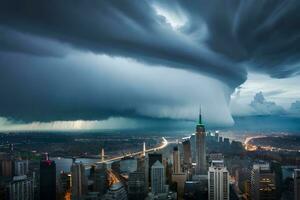 un tormenta es visto terminado el ciudad de nuevo york generado por ai foto