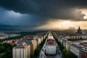 a city under a stormy sky with a city skyline in the background. AI-Generated photo