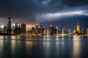 a city skyline with lightning and rain. AI-Generated photo