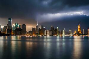 un ciudad horizonte con relámpago y lluvia. generado por ai foto