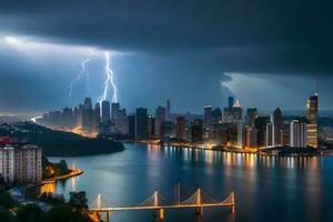 lightning strikes over the city skyline in china. AI-Generated photo
