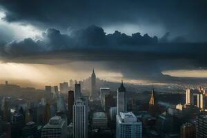 un tormenta nubes terminado el ciudad horizonte. generado por ai foto