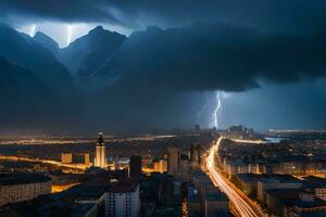 lightning strikes over a city at night. AI-Generated photo