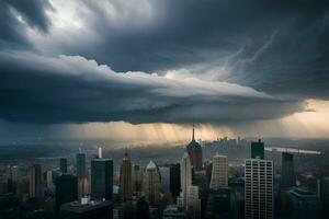 un tormenta es visto terminado el ciudad horizonte. generado por ai foto