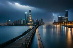 a city skyline with lightning and a river. AI-Generated photo