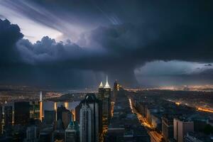 a storm is seen over the city skyline at night. AI-Generated photo