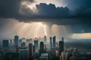 a storm is seen over a city with tall buildings. AI-Generated photo