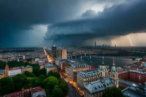 un tormenta es visto terminado el ciudad de praga. generado por ai foto