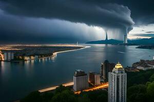 a storm is seen over a city and water. AI-Generated photo