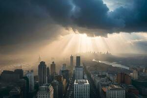 a city skyline with sun rays shining through clouds. AI-Generated photo