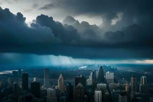 a stormy sky over a city with tall buildings. AI-Generated photo