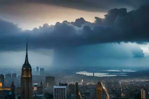 el imperio estado edificio es visto en el antecedentes como un tormenta enfoques. generado por ai foto