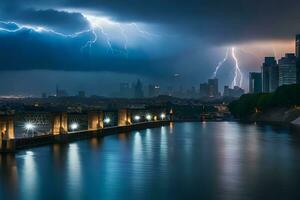 lightning strikes over the city skyline in the background. AI-Generated photo