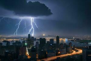 lightning strikes over a city at night. AI-Generated photo