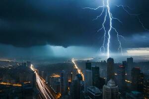 lightning strikes over new york city skyline. AI-Generated photo