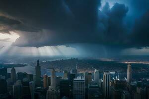 un Tormentoso cielo terminado nuevo York ciudad. generado por ai foto