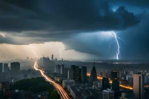 relámpago huelgas terminado nuevo York ciudad. generado por ai foto