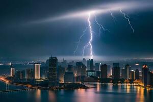 lightning strikes over a city skyline at night. AI-Generated photo