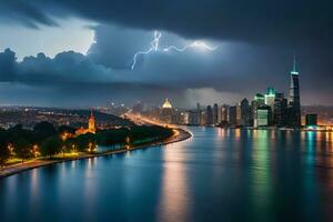 a city skyline with lightning and clouds over it. AI-Generated photo