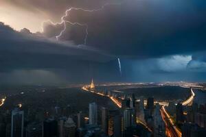 a lightning storm over new york city. AI-Generated photo