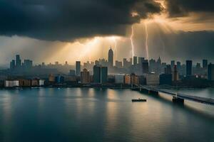 a stormy sky over a city with a bridge and water. AI-Generated photo