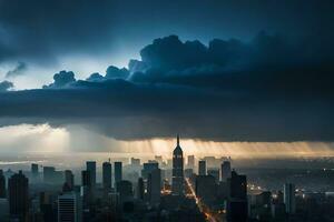 un Tormentoso cielo terminado nuevo York ciudad. generado por ai foto