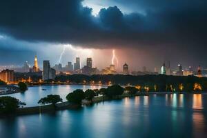 a city skyline with lightning and rain. AI-Generated photo