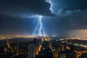 lightning strikes over new york city. AI-Generated photo