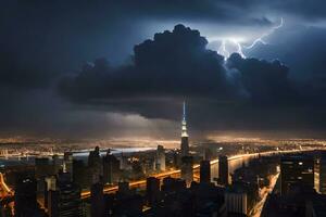 a lightning bolt strikes over the city skyline. AI-Generated photo