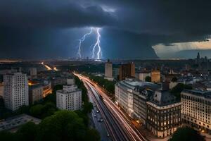 relámpago huelgas terminado un ciudad a noche. generado por ai foto