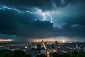 lightning strikes over the city of new york. AI-Generated photo