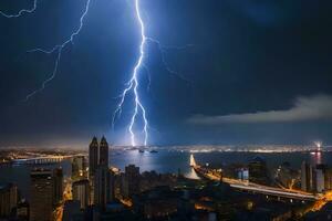 lightning strikes over the city of hong kong. AI-Generated photo