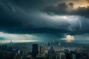 a storm is seen over a city with a lightning bolt. AI-Generated photo