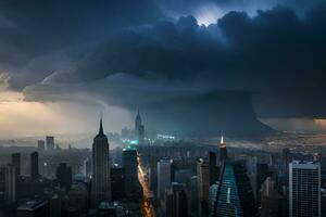 un tormenta es viniendo terminado el ciudad horizonte. generado por ai foto