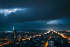 lightning strikes over the city of paris, france. AI-Generated photo
