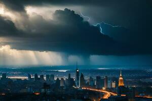 a stormy night over new york city with lightning and clouds. AI-Generated photo