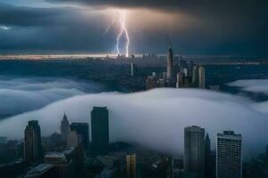 a lightning bolt strikes through the clouds above a city. AI-Generated photo