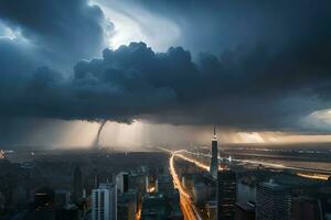 un tormenta es visto terminado un ciudad con un ligero brillante mediante él. generado por ai foto