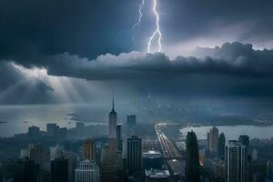 a lightning bolt strikes through the clouds over a city. AI-Generated photo
