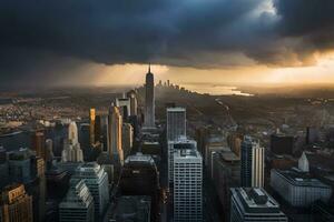 a city skyline with storm clouds over it. AI-Generated photo