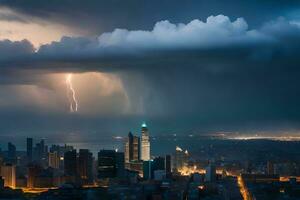 lightning strikes over the city skyline at night. AI-Generated photo