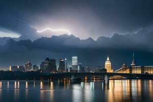 un Tormentoso noche con relámpago y nubes terminado un ciudad. generado por ai foto