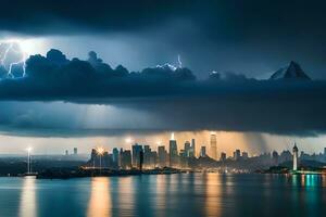 a city skyline is seen in the background as lightning strikes. AI-Generated photo