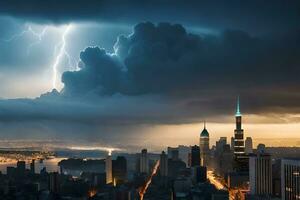 a city with a lightning bolt coming from the sky. AI-Generated photo