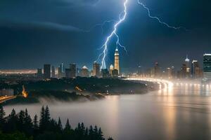 lightning strikes over a city skyline at night. AI-Generated photo