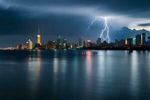 lightning strikes over the city skyline and water. AI-Generated photo