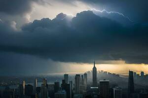 un tormenta es visto terminado el ciudad horizonte. generado por ai foto