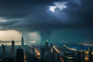 a storm is seen over a city skyline with buildings and water. AI-Generated photo